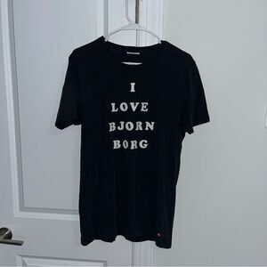 I love Bjorn Borg vintage tennis T shirt Black Size Large retro wear Sweden hero